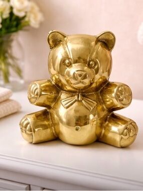 VTG Solid Brass Teddy Bear Figurine Seated 5" Polished Bowtie Baby Nursery Decor